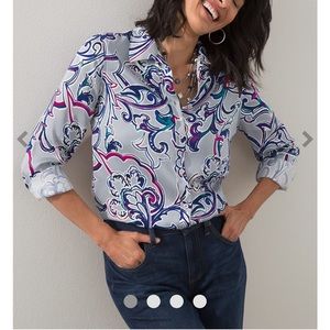 Chico’s Size 3 Women’s Sand Wash Satin Paisley Shirt Button Front Gray US 16 18